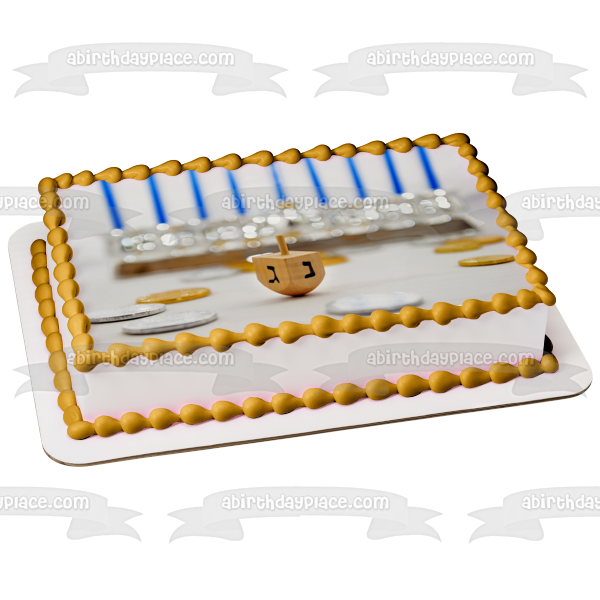 Happy Hanukkah Dreidel and a Menorah Edible Cake Topper Image ABPID07688 Supply