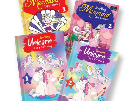 Sparkling Copy Coloring Book For Kids ( Set of 4 ) - Unicorn and Mermaid I Fun, Educational, Colorful Imagery, Engaging Activities, Drawing Books For Kids Sale