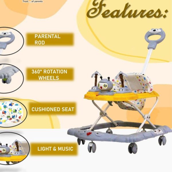 Baby Foldable Activity Walker with Rattles, Parent Handle Rod & Adjustable Height | Ginger  | Yellow Online